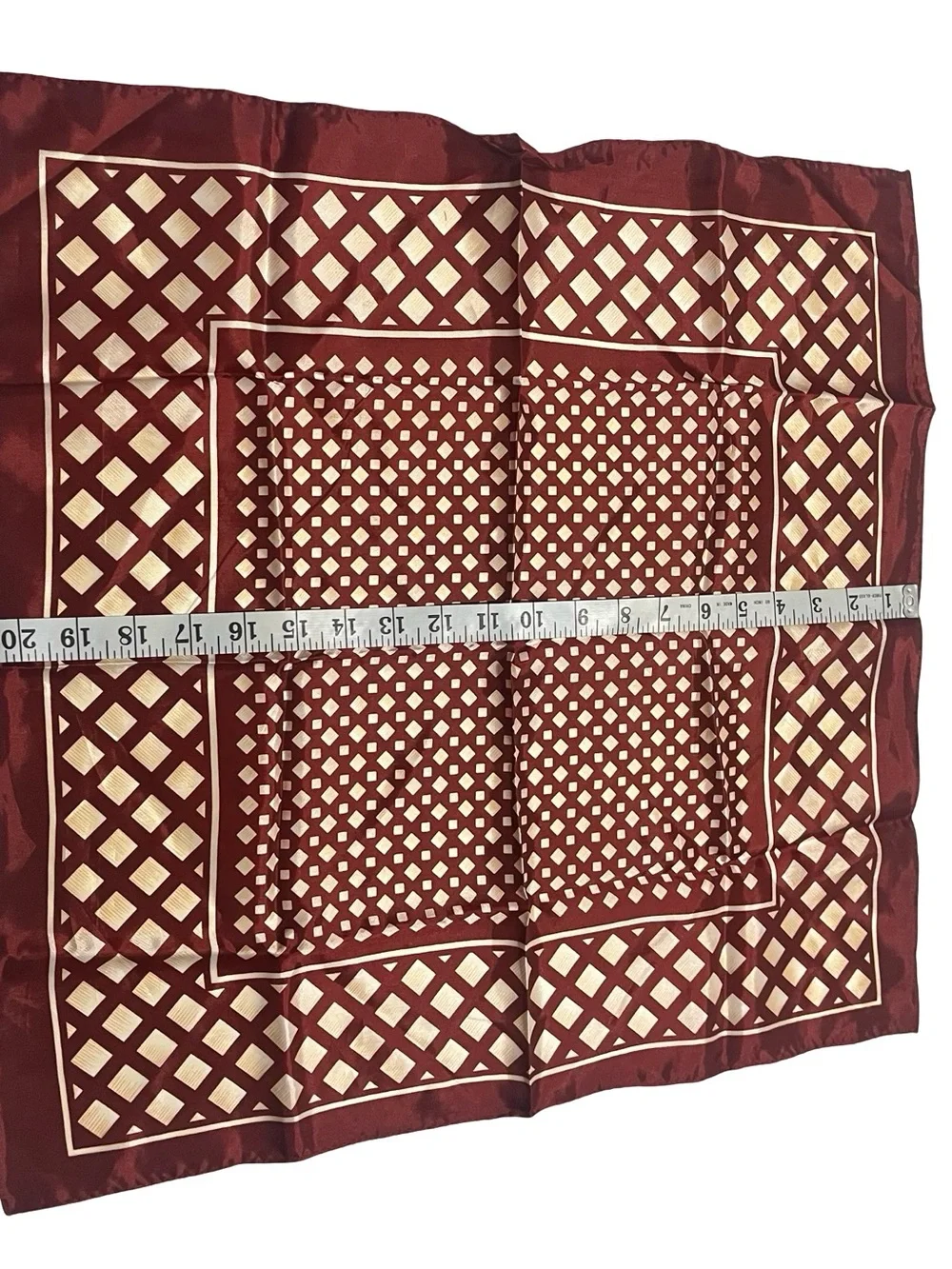 Vtg Burgundy Geometric Lattice Acetate Square Scarf Sz 21x21 Japan MCM Mod Ombre